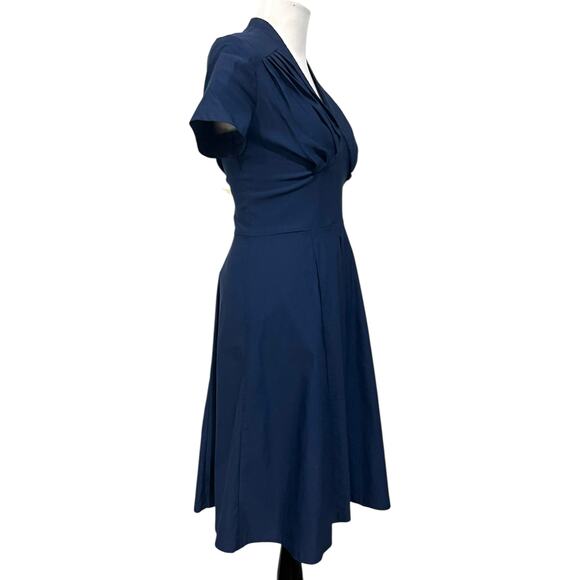 Miss Lulo Dress Navy Blue Midi Fit & Flare Pleated Short Sleeve Stretch Womens L - Picture 7 of 9